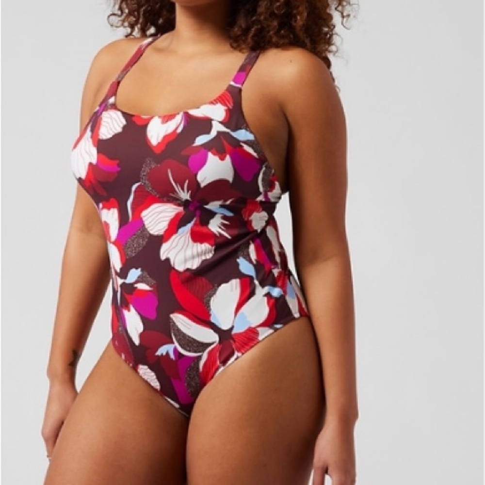 Athleta Hermosa swimsuit one piece pink red brown floral